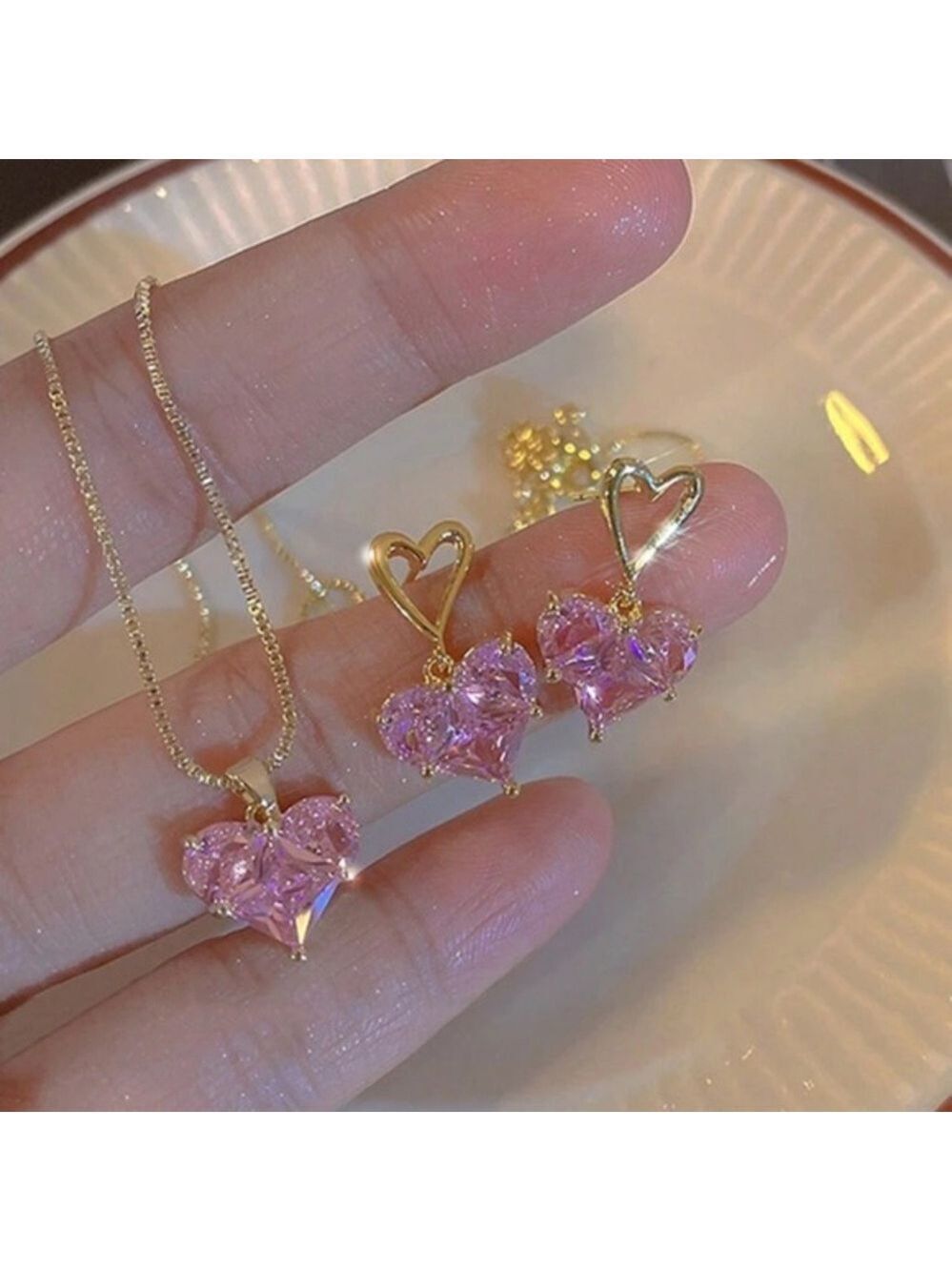 Pink Heart Rhinestone Jewelry Set 3 Piece
